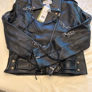 🧥Brand New Nicole Miller Artelier Black leather jacket w/sequin design S A49